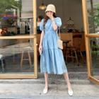 Puff-sleeve Tiered Dress Light Blue - One Size