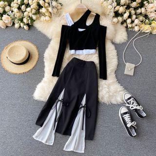 Set Of 2 : Mock Two-piece Cutout Long-sleeve Top + Asymmetrical Panel Chiffon Skirt