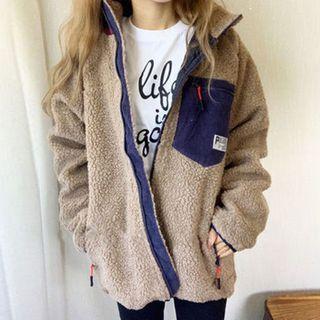 Two Tone Fleece Zip-up Jacket Khaki - One Size