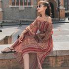 Long-sleeve Slit Patterned Maxi Chiffon Dress