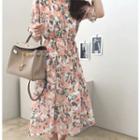 Floral Print Shirred Midi Dress With Sash