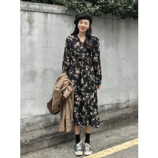 Long-sleeve Gathered-waist Floral Long Dress