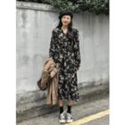 Long-sleeve Gathered-waist Floral Long Dress