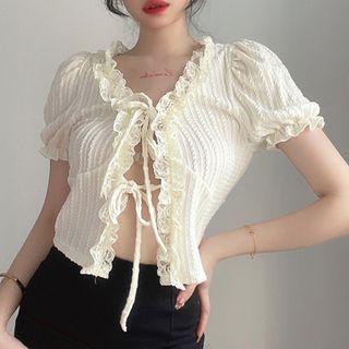 Puff-sleeve Ruffle Trim Knit Top