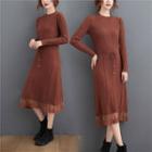 Long-sleeve Lace Trim Midi Knit Dress Coffee - One Size