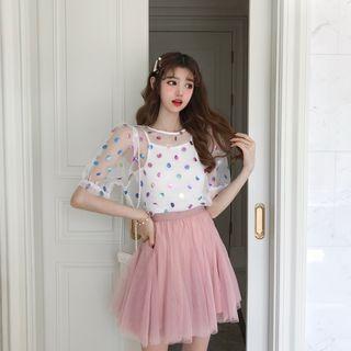 Sheer Short-sleeve T-shirt / Mesh Pleated Skirt
