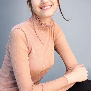 Ruffle Trim Mock Neck Long-sleeve T-shirt