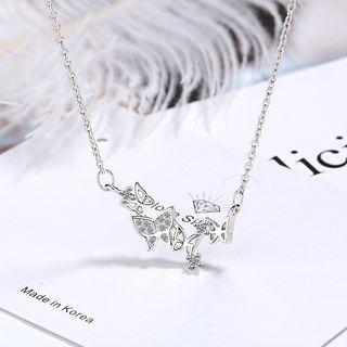 Rhinestone Butterfly Pendant Necklace 1 Pc - Silver - One Size