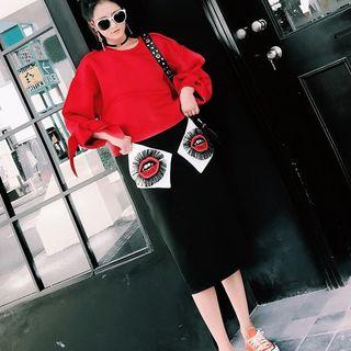Set: Long-sleeve Plain Top + Midi Skirt
