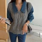 Denim-panel Distressed Cable-knit Top Gray - One Size