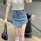 Lace-trim Floral Print Top + Denim A-line Mini Skirt