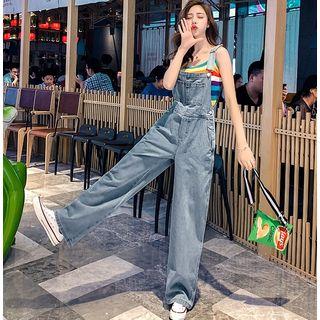 Striped Camisole Top / Denim Wide-leg Jumper Pants / Set