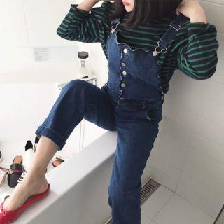 Scallop-trim Denim Suspender Pants