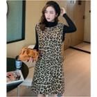 Set: Long-sleeve Top + Leopard Print Pinafore Dress Khaki - One Size