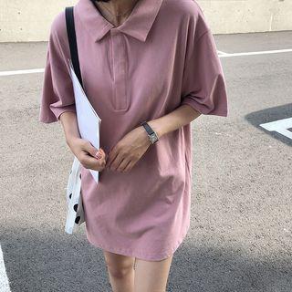 Plain Elbow-sleeve Polo Shirt Dress