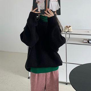 Long-sleeve Crew Neck Plain Knit Sweater As Shown In Figure - One Size