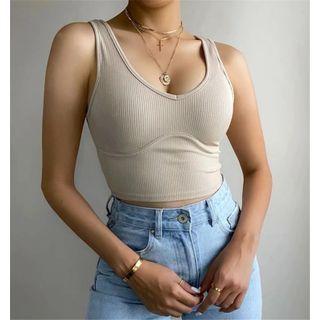 V-neck Ribbed-knit Crop Tank Top