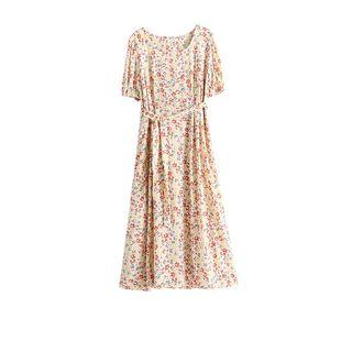Short-sleeve Floral A-line Midi Dress Almond - One Size