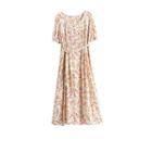 Short-sleeve Floral A-line Midi Dress Almond - One Size