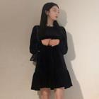 Long-sleeve Bow-accent Panel Velvet Dress Black - One Size