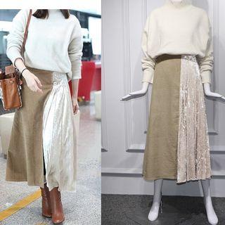 Mock-neck Sweater / Velvet Panel Midi A-line Skirt