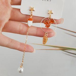 Squirrel Faux Pearl Asymmetrical Dangle Earring 1 Pair - Brown - One Size