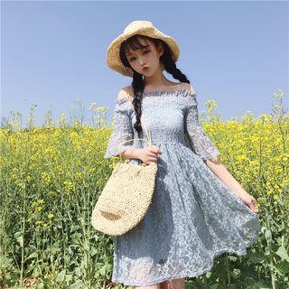 Off-shoulder Lace Elbow-sleeve A-line Dress