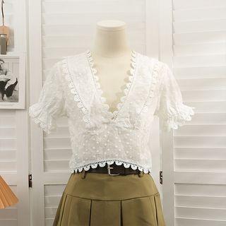 Deep V-neck Lace-trim Crop Top White - One Size