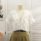 Deep V-neck Lace-trim Crop Top White - One Size