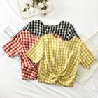 Knotted-hem Checked Crop Top