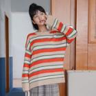 Rainbow Striped Long-sleeve Knit Top Almond - One Size