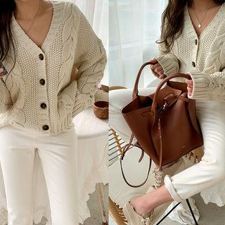 Drop-shoulder Cable-knit Cardigan Light Beige - One Size