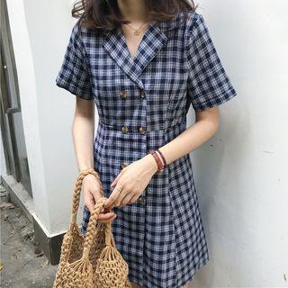 Plaid Short Sleeve Double Breasted Dress