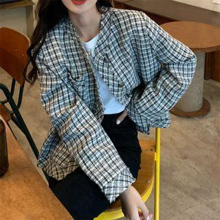 V-neck Plaid Long-sleeve Jacket Black & White - One Size