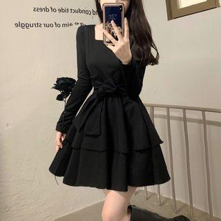 Long-sleeve Square Neck Layered Mini A-line Dress