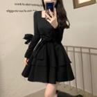 Long-sleeve Square Neck Layered Mini A-line Dress