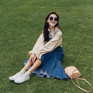 Ruffle Hem Denim Midi Pinafore Dress