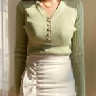 V-neck Faux-pearl Button Knit Top