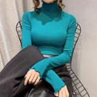 High-neck Ruffled-trim Long-sleeve Plain Knit Top