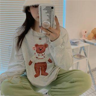 Long-sleeve Round-neck Bear Print Sweatshirt Grayish White - One Size