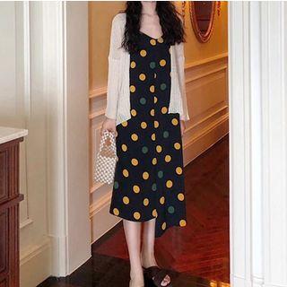 Set: Spaghetti-strap Dotted Print V-neck Dress + Cardigan
