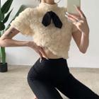 Short-sleeve Mock-neck Flower Applique Top
