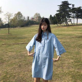 Elbow-sleeve Plain Shirt Dress Blue - One Size