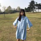 Elbow-sleeve Plain Shirt Dress Blue - One Size