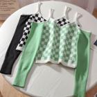 Long-sleeve Cold-shoulder Checkerboard Knit Top