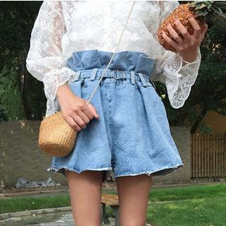 Ruffled Wide-leg Denim Shorts