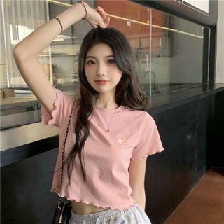Short-sleeve Embroidered Ruffled Cropped Top