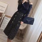 Set: Cold Shoulder Long-sleeve Knit Top + Tweed Midi Straight-fit Skirt