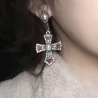 Rhinestone Cross Dangle Earring 1013a - Silver - One Size