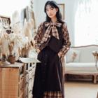 Tie-neck Plaid Blouse / Buttoned Vest / Plaid Panel Midi A-line Skirt / Set